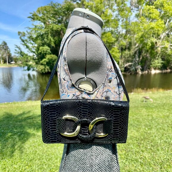 MICHAEL Michael Kors Snakeskin Leather Gold Chain Evening Bag Clutch Black EUC - Picture 1 of 16